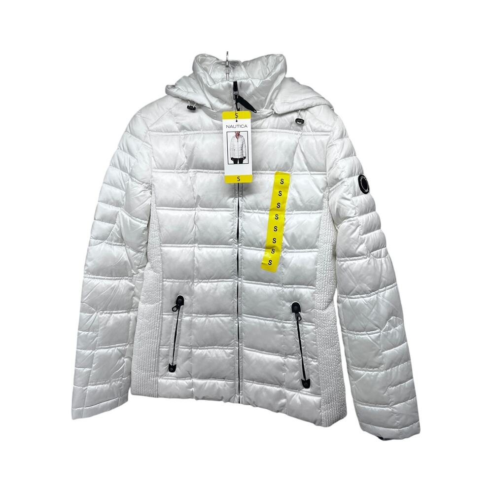 Nautica White Puffer Zip Up Jacket Small Removable Hood Pockets Stretch New